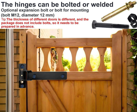 Heavy Duty Gate Hinges 13 Inch Load Bearing 900 Lbs installed on wooden gate with bolt and weld options