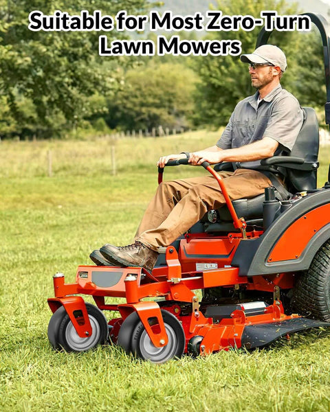 Person using a zero-turn mower with Flat Free 11x6.00-5 Lawn Mower Tire And Wheel Set For Zero Turn Mowers Built Tough For Lawn Work