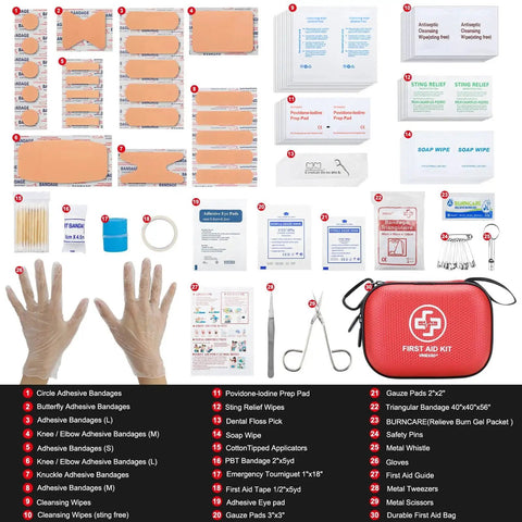 Grab And Go 150 Piece Waterproof First Aid Kit in Red with Durable Hard Shell Case showing medical supplies including bandages and tools.