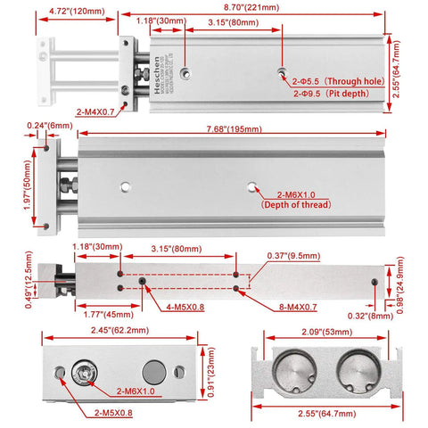 Technical diagram of dual aluminum pneumatic cylinder with 20mm bore and 120mm stroke, showing dimensions and mounting holes.