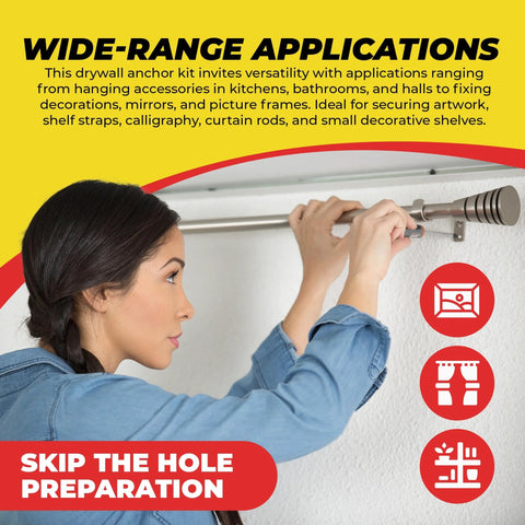 Person installing curtain rod using Zinc Self Drilling Drywall Anchors Kit With Screws, Heavy Duty Hollow Wall Anchors, no pre-drill needed.