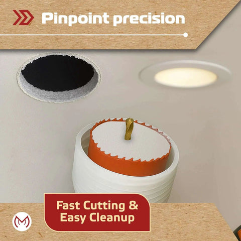 Pro Grade Bi-Metal Hole Saw Kit For Recessed Lighting 6-1/4 Inch With Silicone Dust Bowl in use showing a clean cut hole.