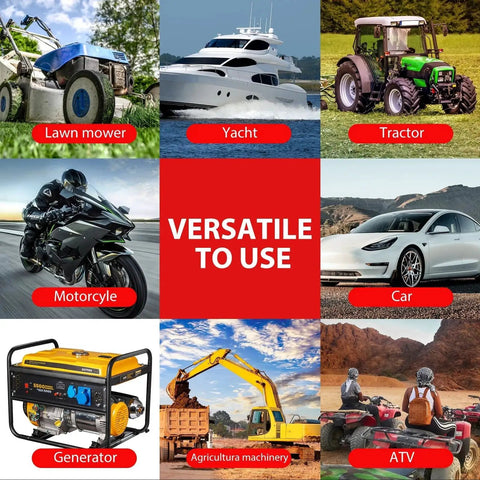 Image collage showing various vehicles and machinery including lawn mower, yacht, tractor, motorcycle, car, generator, agricultural machinery, ATV, with 'Versatile to Use' text in the center.