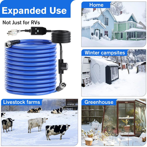 Heated RV water hose, blue, 100 ft x 5/8 in with auto thermostat and leak-free fittings