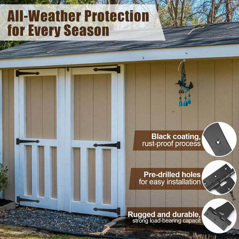 Two Pack 15 Inch Heavy Duty T Shape Strap Hinges With Screws Black Wrought Iron Spade Tip on shed doors with all-weather protection