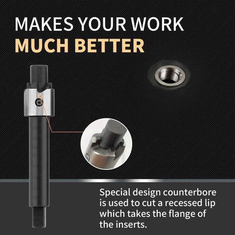 Close-up of M8x1.25 Thread Repair Kit with 11.7mm stainless inserts showing drill and special design counterbore.