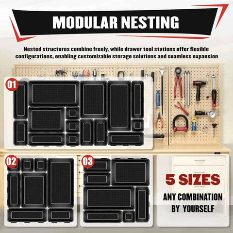 46 Piece Toolbox Organizer Tray Divider Set for Tool Chests, interlocking trays in various sizes shown against workbench background.