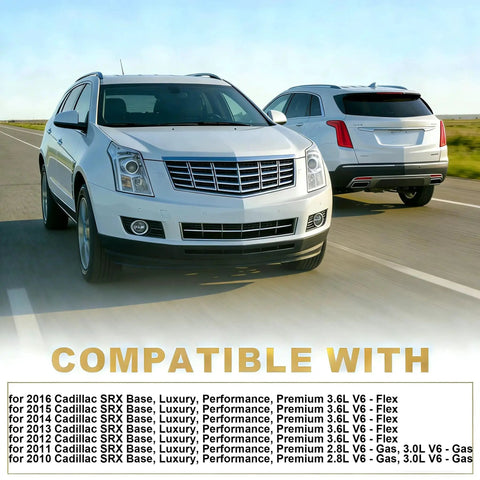 Front and rear view of 2010 to 2016 Cadillac SRX V6 driving on highway, compatibility with Beige Sunshade for 2010 to 2016 SRX V6 Sunroof Cover Top Window Roof Shade.