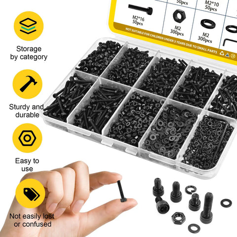 All In One 272 Piece M5 Screws Nuts Washers Kit With Hex Socket Head Bolts M5x8 To M5x35 in plastic organizer box