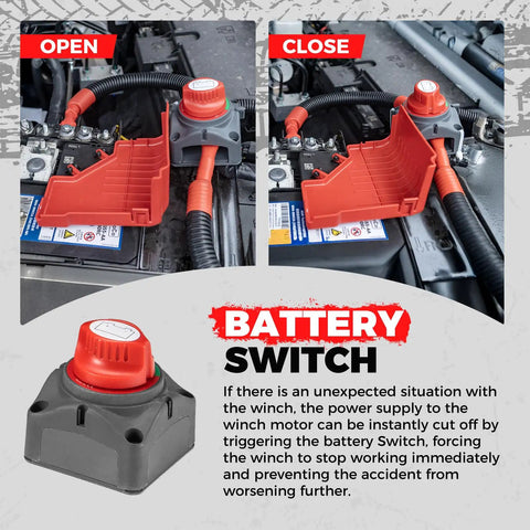 Close-up of Beast 13500Lb Waterproof Electric Winch With Synthetic Rope 12V For Truck And SUV battery switch in open and close positions.