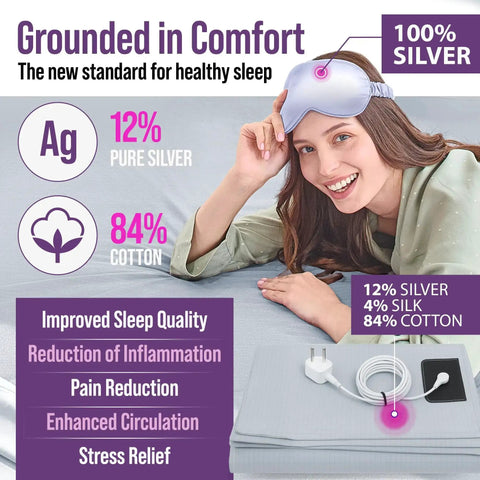 Woman with silver eye mask on queen size grounding sheet set including 12% silver fiber, 4% silk, 84% cotton blend, and grounding cables.