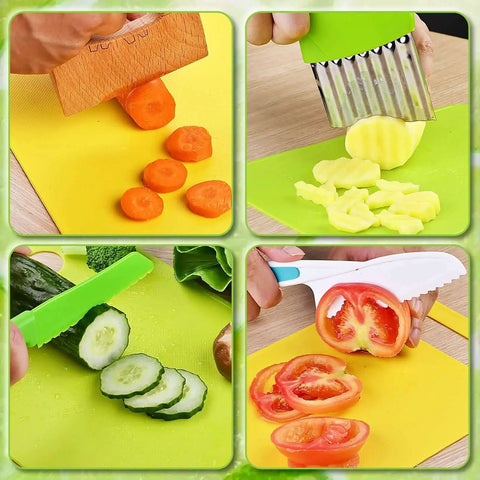 Real Kitchen Skills For Little Chefs 13 Piece Toddler Knife Set with wooden and plastic knives cutting vegetables