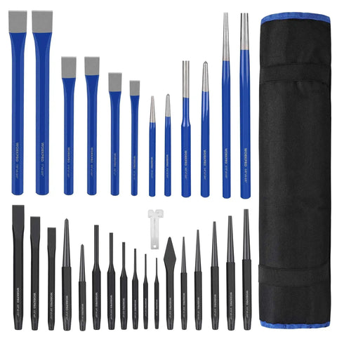 30 Piece Heavy Duty Punch And Chisel Set With Roll Pouch Cold And Cape Chisels Center Pin And Taper Punches Gauge Blackened Painted Finish
