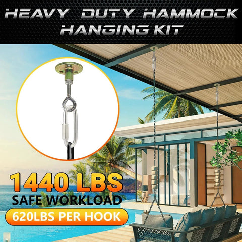 Heavy duty hammock hanging kit showing stainless steel chain quick links set of 6, capable of supporting 620 lbs per hook.
