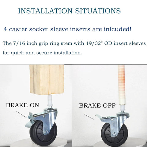Side view of stem caster wheels with brakes installed, showing brake on and off; includes text about 4 caster socket sleeve inserts.