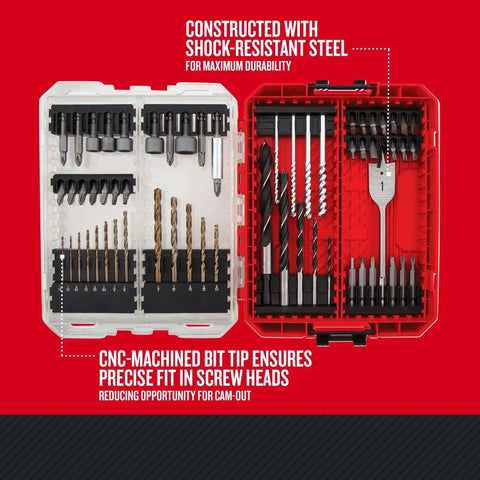 60 Piece Drill Bit Set For Impact Driver And Screwdriver By Craftsman, Pro Grade Nut Driver And Bit Set, Heavy Duty Shock Resistant Tool Steel, CNC Machined Bit Tips For Precise Fit, Reduces Wear Stripping And Cam Out, CMAF1260 in open case showcasing various drill bits and nut drivers.