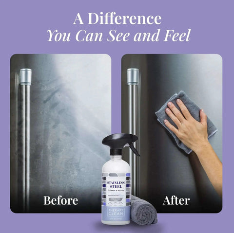 Before and after of stainless steel surface with Stainless Steel Cleaner And Polish Bundle With USDA Biobased Formula, Fingerprint And Residue Remover, Lavender Scent bottle and cloth