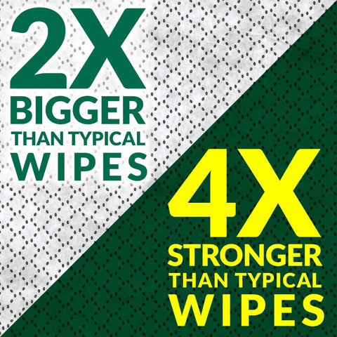 Heavy-Duty Cleaning Towels and Degreasing Wipes 75 Count Pack of 2 showing 2x bigger and 4x stronger than typical wipes text