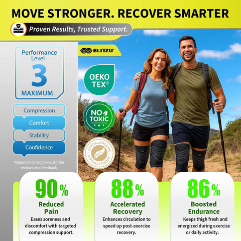 Couple hiking wearing 1 Pair Hamstring And Quad Compression Sleeves For Men And Women Upper Leg Thigh Support Anti Slip Running And Workouts Groin And Muscle Recovery Purple XL with performance benefits highlighted