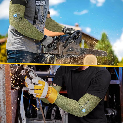 Core Arm Protection Sleeves S081 10 Pairs With Thumbhole in use for wood cutting and welding, showing ANSI A5 cut and flame resistance.