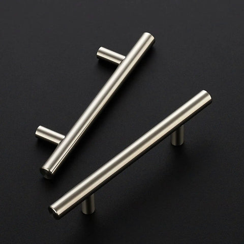 Two brushed nickel cabinet pulls, 6 inch length, stainless steel, for kitchen cabinets, 3.5 inch hole spacing, satin finish, durable design.