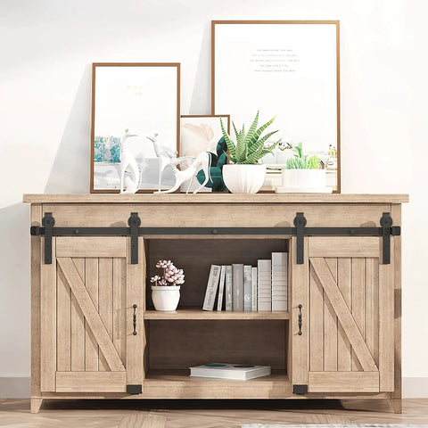TV stand with 8ft Super Mini Sliding Barn Door Hardware Kit For Double Doors, J Shape Hanger, Flexible Floor Guides shown in room