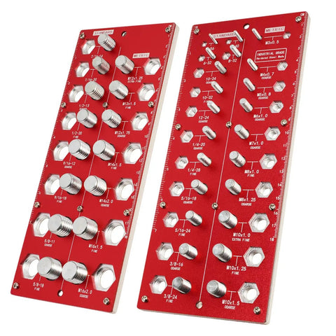 Thread Checker Nut And Bolt Size Gauge For Quick ID Of 38 Thread Sizes In Metric And Imperial With Red Handle Covers M3x0.5 To M16x2.0 And No 2-56 To 5/8-18 Fine, showing front view with size markings.
