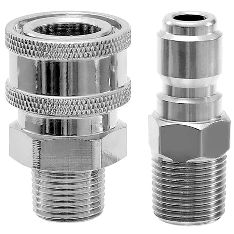 Three Eighths Inch Quick Connect Ball Valve Kit For High Pressure Washers, Stainless Steel Valve, 5000 PSI Capacity, Includes Three Eighths Inch Quick Connect Plug To Three Eighths Inch Male NPT And Socket To Three Eighths Inch Male NPT Adapters, showing valve and adapters