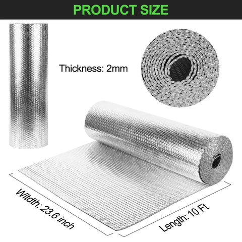 Double Bubble Reflective Insulation Roll 23.6 Inch By 10 Ft Aluminum Foil Wrap shown unrolled, displaying texture and dimensions