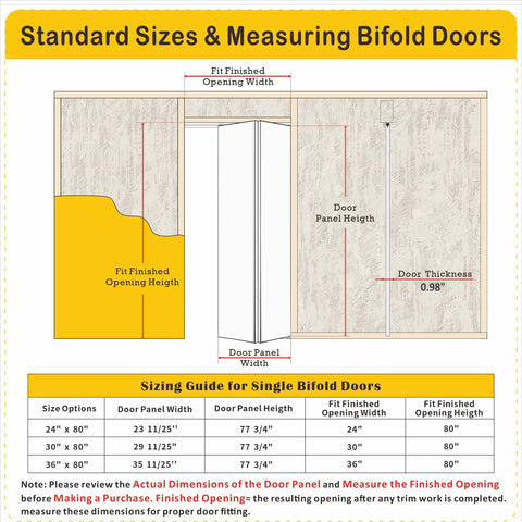 Diagram of standard sizes for bifold doors with measuring guide for 1 Lite Mirror Bifold Closet Doors With Sliding Hardware Kit