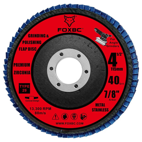 Pro Grade Heavy Duty Four And A Half Inch Conical Type 29 Flap Disc 40 Grit For Angle Grinder Zirconium Grinding And Polishing Metal And Stainless Steel 10 Pack FOXBC image showing front packaging