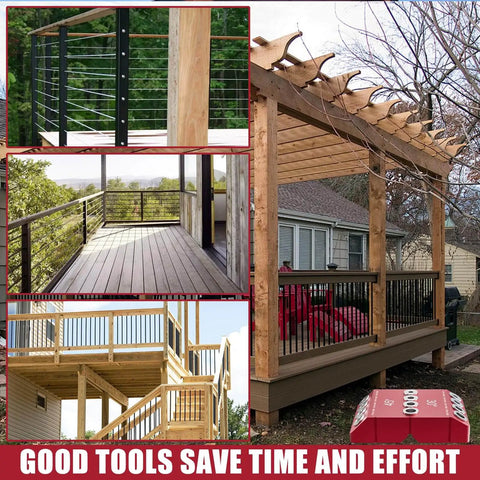 Angled Pro Grade Drill Guide For Cable Railing With 30 Degree 45 Degree And 90 Degree Holes shown installed on deck and porch railings.