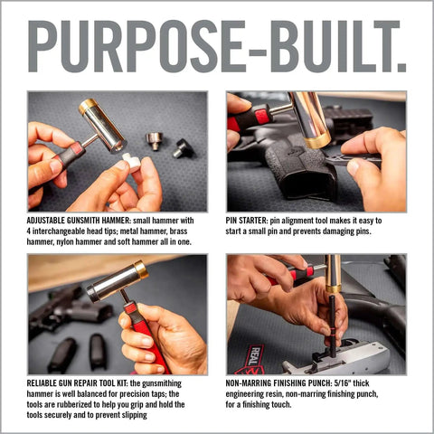 All In One Hammer And Punch Tool Kit With Interchangeable Steel Brass Nylon And Rubber Heads, Pro Grade Punch Sizes Range, Gunsmithing Hammer With Four Tips, Non Marring Punch And Pin Starter Tool For Delicate Or Tough Jobs, shown in use for precision tasks.