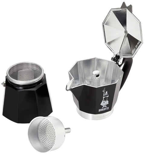Limited Edition Tricolore Moka Pot For Espresso Lovers Holds Half Cup Per Brew At 40ml Delivers Rich Bold Stovetop Coffee In Classic Italian Style For Home with open top view showcasing aluminum inside and parts.