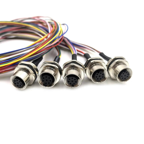 Close-up of 5-Pack M12 8-Pin A-Coded Female Connector Cable, industrial grade, IP67 waterproof, unshielded aviation socket, 0.5m length.