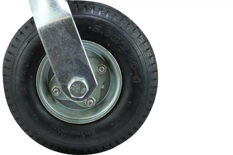 Close-up of 8 Inch Pneumatic Caster Wheel With Swivel Plate And Ball Bearing Steel Hub Five Eighths Inch Bore 220 Pound Load Capacity