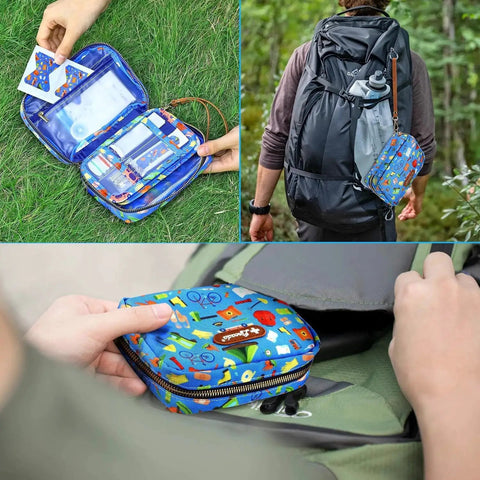 Open travel first aid kit on grass, Grab And Go Travel First Aid Kit For Kids And Adults, attached to backpack, close-up of kit in hand