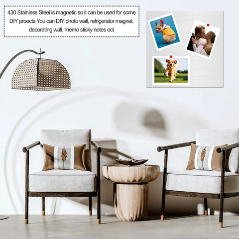 Living room scene featuring 4 Pack 8X12 Inch Stainless Steel Sheets 0.8MM Thick 430 Grade Shim Stock used as magnetic photo board