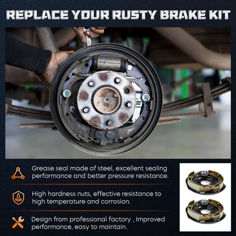 Trailer brake drum assembly pair (12x2 in) with rusted hub and exposed brake shoes – front view