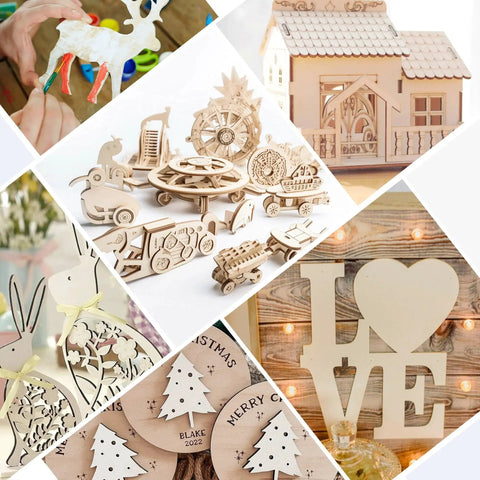 Collage of projects made with Craft Basswood Sheets For DIY Projects 12 Pack 11.8 By 11.8 Inches Thick One Sixteenth Inch Smooth Plywood Sheets Great For Laser Cutting Model Building Wood Burning And Staining LotFancy, including models, decorations, and crafts.