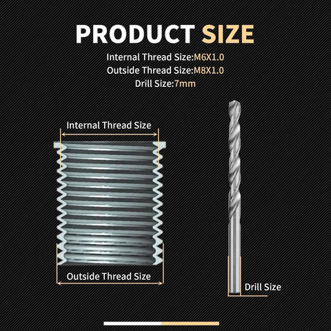 Image showing M6x1.0 Thread Repair Kit With 9.4mm Stainless Inserts, includes insert and drill size for thread repair.