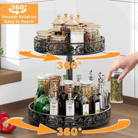 Height Adjustable Two Tier Lazy Susan Turntable For Cabinet And Countertop, 12 Inch Metal Spice Rack Organizer shown holding spices.