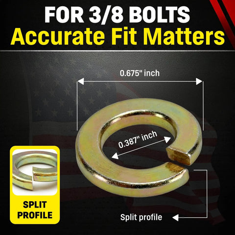 3/8 in split lock washer, alloy steel with yellow zinc chromate coating, 50 pcs (front view)