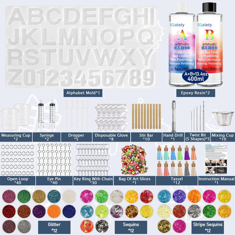 Backward Alphabet Molds Starter Kit with 206 silicone resin molds and accessories displayed for epoxy jewelry making.