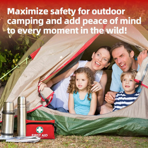 Family camping with Must Have 110 Piece Mini Grab And Go First Aid Kit For Travel Home Office Car And Outdoors, red case visible
