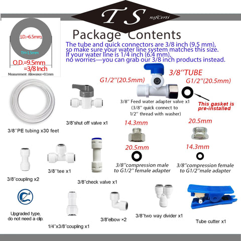 TSnsfCerti NSF 3/8 inch RO tubing and push-to-connect fittings kit; 30 ft white tubing with 11 connectors and blue shut-off valve