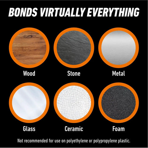 Image showing materials bonded by Crystal Clear All Purpose Glue For Wood Stone Metal Ceramic Water Resistant: wood, stone, metal, glass, ceramic, foam.