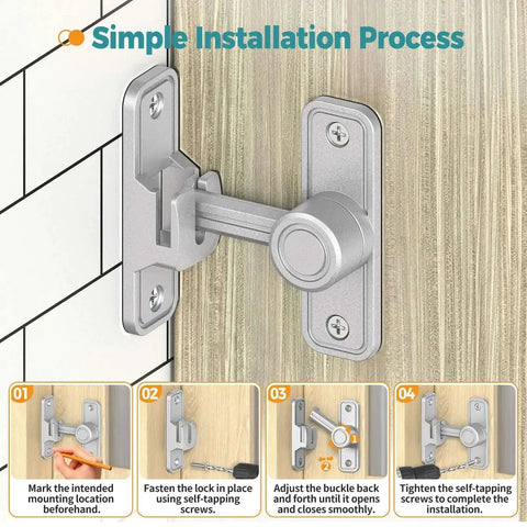 Heavy Duty 90 Degree And 180 Degree Barn Door Lock Made From Rust Proof Zinc Alloy installation guide on wooden surface