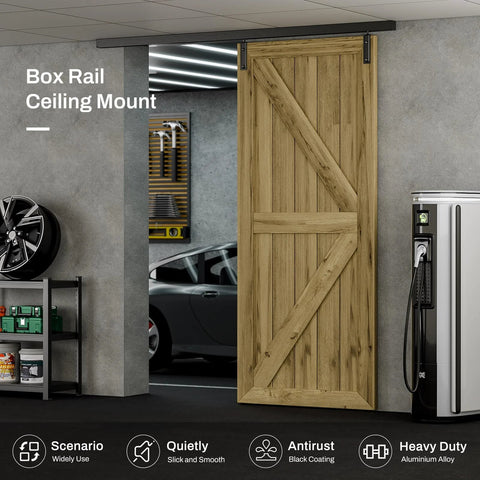 Heavy Duty Ceiling Mount Barn Door Hardware Kit With Aluminum Alloy Track Installed On Wood Door In Garage
