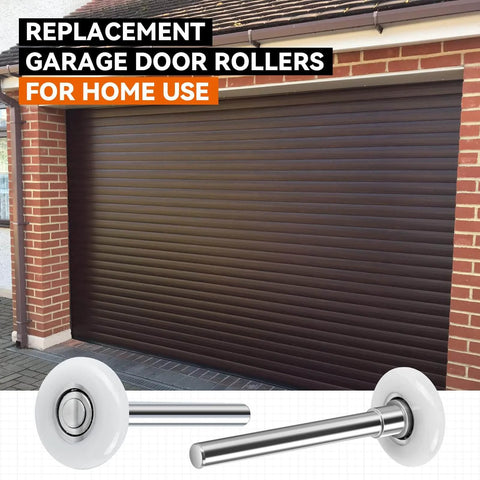 Ultra Quiet 1.8 Inch Nylon Garage Door Rollers With 4 Inch Carbon Steel Stem For Smooth Operation And Low Friction Durable Replacement Kit For Residential Doors 8 Pack shown with brown garage door in background.